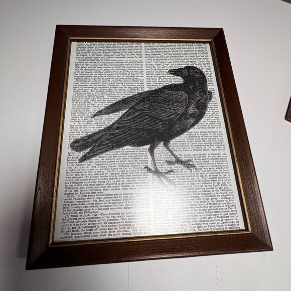 Framed Art Print Black Crow Silhouette Gold Tone Vintage Gothic Edgar Allan Poe - Picture 1 of 5